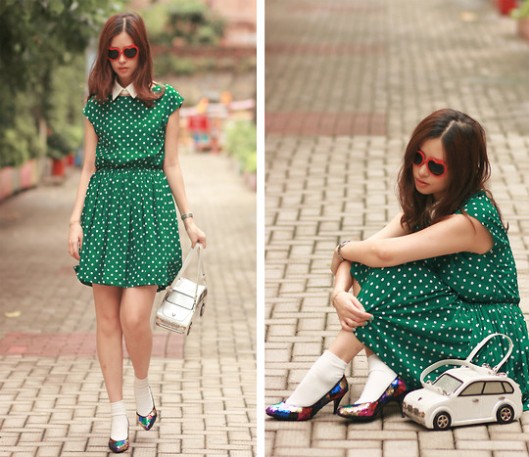 polka dots green dress